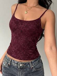 Aloruh 女士新款性感蕾丝亮片拼接吊带背心，时尚街头风 - 酒紅色 - 查看 5