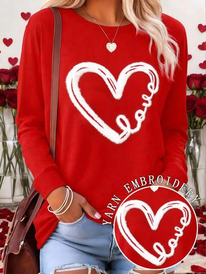 DrmWander Plus Size Casual Heart Embroidery Round Neck Long Sleeve T-Shirt, Autumn