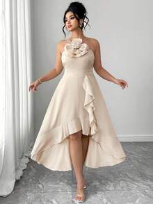 Vestido midi elegante de verano beige para mujer talla, con decoración floral 3D, sin mangas, bajo asimétrico con volantes, corte A y cintura, para boda, y banquete - Albaricoque - Ver 3