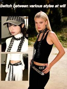 女士亮片围巾，配有闪亮链条、褶皱领口、蝴蝶结、网纱围巾、亮片网纱、宽项链和发带，适合狂欢节和派对，长度 160 厘米。 - 彩色 - 查看 5