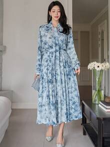 DAZY Women's Elegant Floral Print Tie Collar Blouse And Skirt 2-Piece Set, Spring/Summer,Wedding Guest Dress Women - Blue - View 6