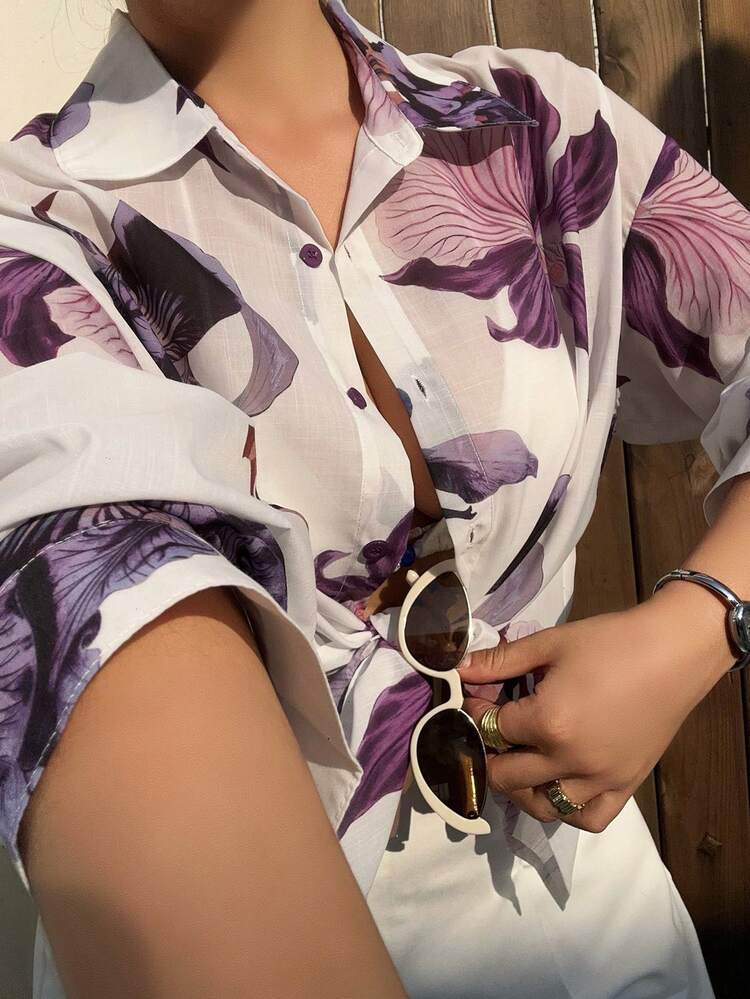 Dazy Plus Plus Size Floral Print Turndown Collar Loose Long Sleeve Casual White Shirt Boho