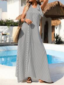 SHEIN Holidaya Women's Drawstring Tie Sleeveless Striped Asymmetrical Hem Dress - Black and White - View 6