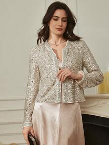 Dazy-Less Women's Shiny Silver & White Casual Jacket, Elegant For Party, Wedding, Valentine's Day, Spring/Summer - Silver - View 6