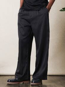 SUMWON 阔腿细条纹休闲宽松长裤时尚竖条纹长裤 - 黑色 - 查看 7
