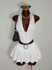 Amplova 女士露背吊带上衣和纯色腰带裙性感前卫两件套 - 白色 - 查看 4