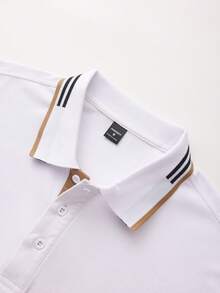 Manfinity Mode Men's Casual Business Daily Commute Letter Pattern Contrast Striped Trim Short Sleeve Polo Shirt, Summer - White - View 3