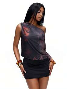 TypaGal 女士休闲斜肩印花衬衫 - 棕色 - 查看 3