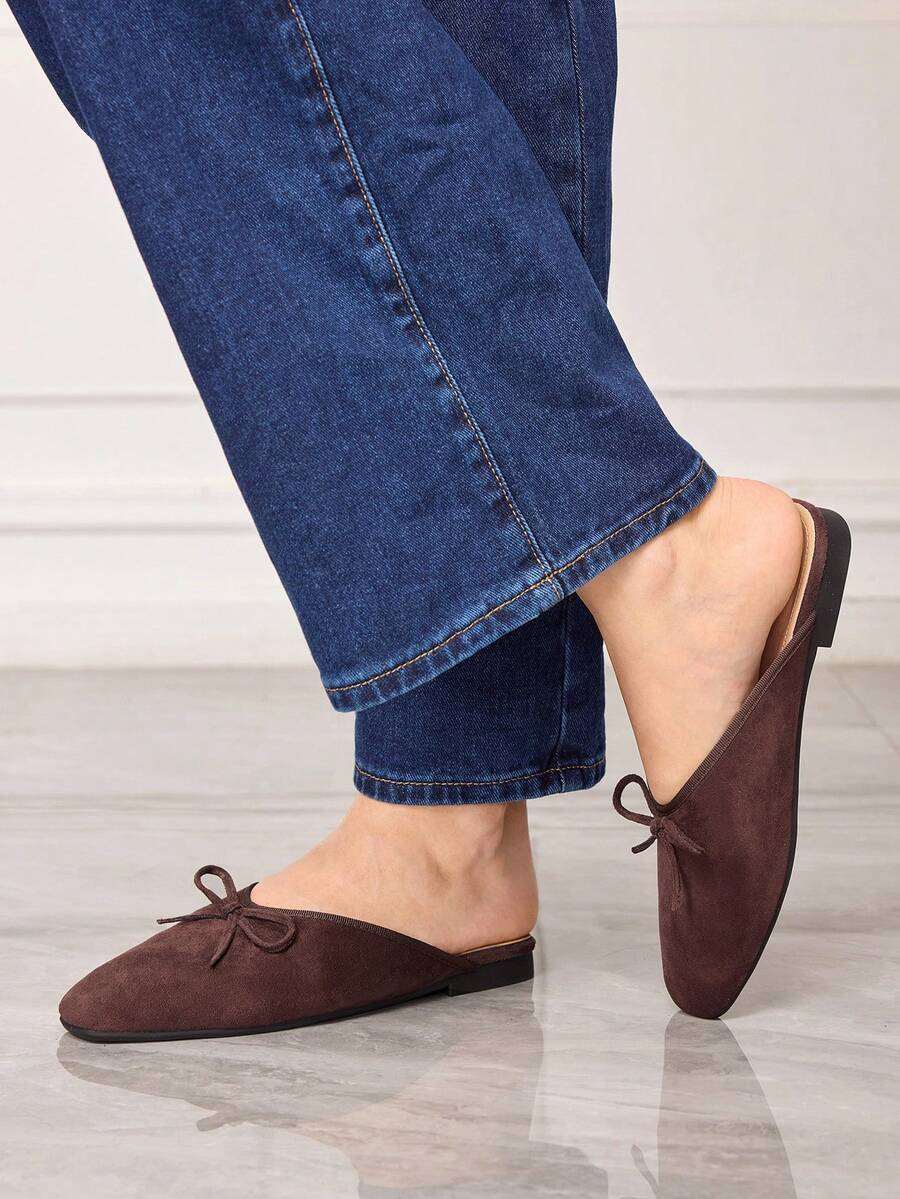 Sleekvia Women Shoes Small Square Toe Flat Bottom Brown Suede Bow Women's Mules Slippers Women's Flat Shoes Daily Commuting Lazy Half Drag Low Vamp Mules Shoes Women's Shoes - Coffee Brown - View 1