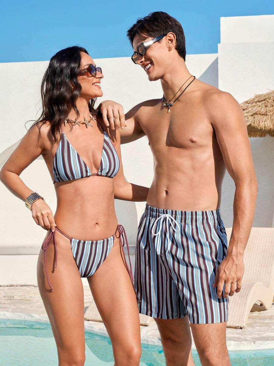 Manfinity VDAYZ Men's Drawstring Waist Striped Casual Beach Shorts Matching Couple Swimwear Couple Bathing Suit Set Boyfriend And Girlfriend Matching Swimsuits Print Stripe Swimwear Matching Couple Swimsuits Couple Bathing Suit Set His And Hers Swimsuits Couple Beachwear Men Swim Trunks Couple Men And Women Matching Swimwear Striped Swimwear Couples Matching Swimwear His And Hers Swim Wear - Multicolor - View 1