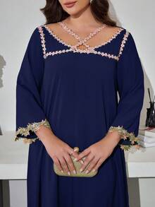 Al Najma Đầm dài tay dáng rộng thoải mái kiểu Ả Rập dành cho nữ cỡ lớn, khoét ren, phối ren, kiểu dáng thường ngày. - Màu xanh hải quân - Xem 4