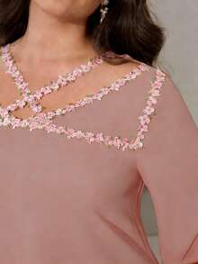 Al Najma Plus Size Women Hollow Out Lace Patchwork Long Sleeve Casual Loose Arabic Style Dress - Dusty Pink - View 5
