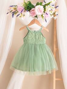 SHEIN Elegant & Cute Green Lace Mesh Spaghetti Strap Dress/Romper - Green - View 2