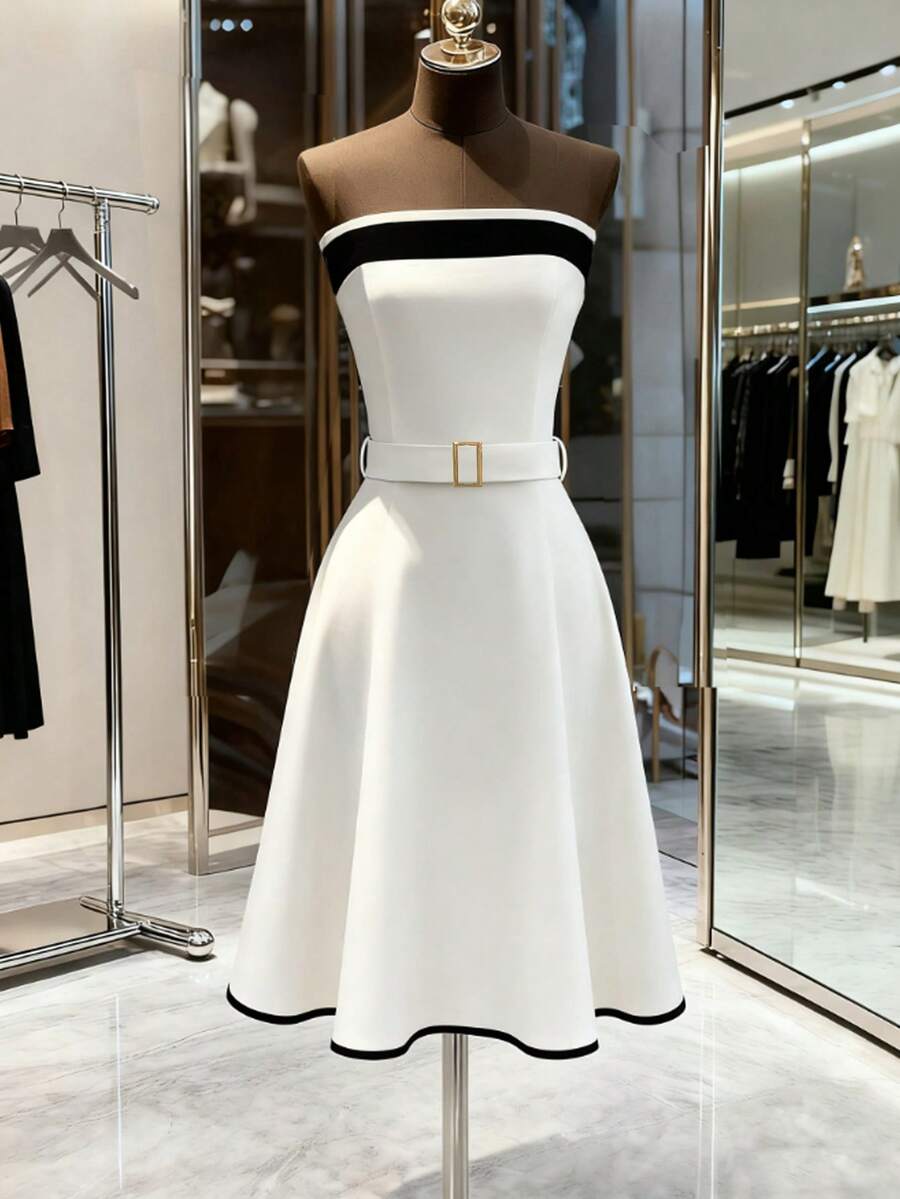 Franclia Women's New Strapless Contrast Trim Metal Buckle Waist Belt Flared Short Dress - White - View 1