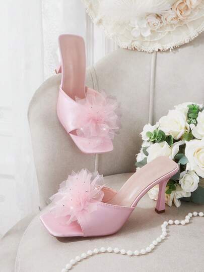 CUCCOO HITCHD Women's Square Toe Stiletto High Heels, Sexy Fashion Floral Mesh Slip-On Mules, Suitable For Dresses, Party, Nightclub, Open Toe Sandals