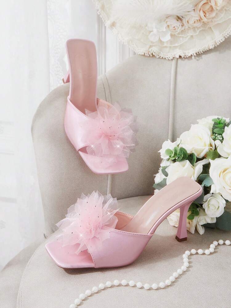 CUCCOO HITCHD Women's Square Toe Stiletto High Heels, Sexy Fashion Floral Mesh Slip-On Mules, Suitable For Dresses, Party, Nightclub, Open Toe Sandals Wedding Shoes Spring Shoes Bride Shoes