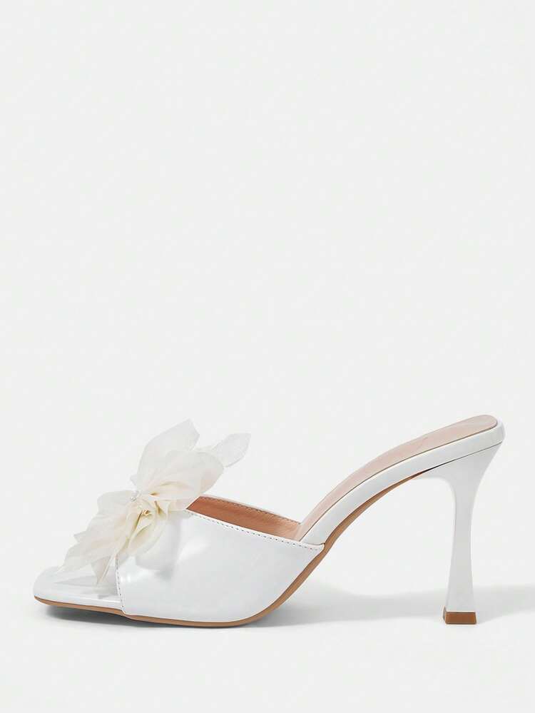 CUCCOO HITCHD Women's Square Toe Stiletto High Heel White Sexy Fashion Floral Slip-On Mule Sandals, Suitable For Dresses, Party, Nightclub Wedding Shoes Spring Shoes Bride Shoes