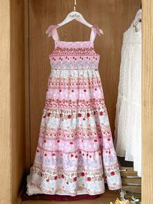 Vintaside Kids 1pc Girls' Summer Floral Print Ruffled Layered Pink Sundress With Bow Strap Fitted Dress - Multicolor - View 3