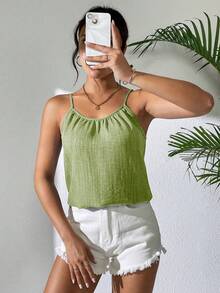 Balvessa Women's Solid Color Pleated Casual Versatile Summer Camisole - Lime Green - View 7