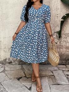 Breezaya 大码女式优雅印花V领短泡泡袖长款度假连衣裙，夏季女式长裙套装 - 藍色 - 查看 6