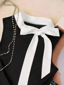 Resyla 撞色滚边圆领打结优雅时尚夏季背心 - 黑色 - 查看 4