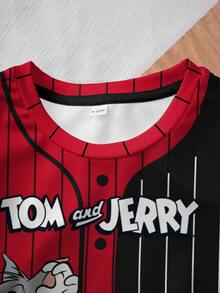 TOM & JERRY X SHEIN Baby Boy Casual Colorblock Striped Cartoon Pattern Round Neck Short Sleeve Top, Summer - White - View 3