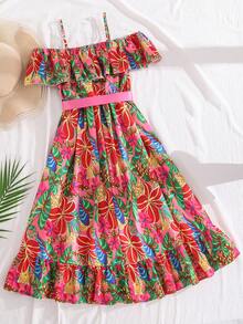 Sparklyn Girls' Casual Floral Print Ruffle Hem Camisole Dress - Multicolor - View 2