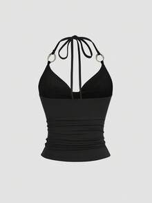 Sweetra 新款 Y2K 金属环装饰通勤百搭垂褶领带女式背心 - 黑色 - 查看 2
