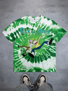 Rick and Morty X SHEIN 男士扎染卡通人物图案圆领短袖T恤 - 白色 - 查看 1