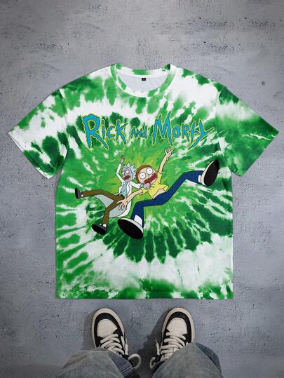 Rick and Morty X SHEIN Men's Tie-Dye Cartoon Figure Graphic Round Neck Short Sleeve T-Shirt