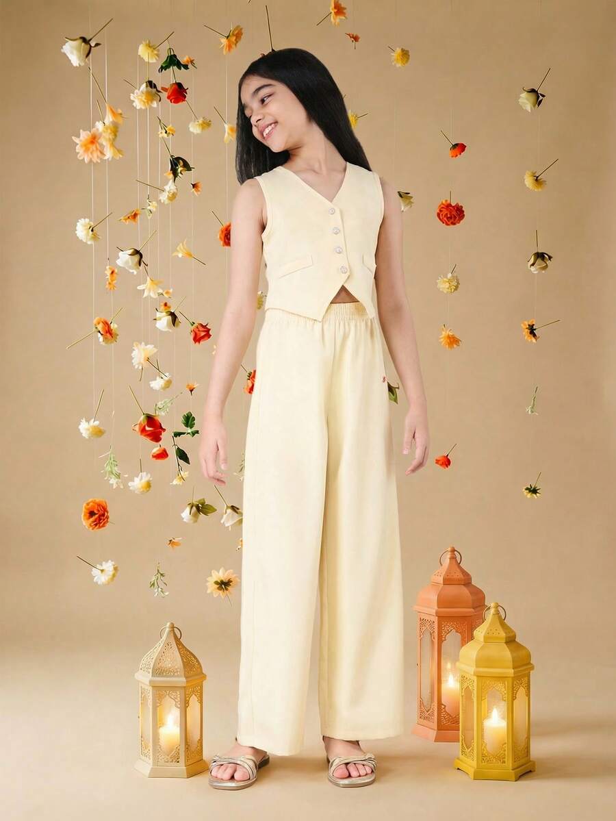 SUMWON Sleeveless Button Front Waistcoat And Wide Leg Pant Co Ord Set Summer Casual Two Piece Outfit Comfortable Elastic Waist Palazzo Style Matching Set Festive Occasionwear Vacation - Yellow - View 1