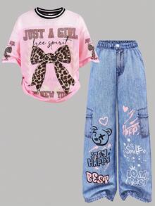 SHEIN 2pcs/Set Tween Girls' Loose Fit Butterfly Print T-Shirt And Denim Print Wide Leg Pants Set, Casual, Fashionable, Versatile, Suitable For Party, Outing, Photoshoot With Sisters, Park, Camping, Vacation, Daily Wear - Pink - View 15