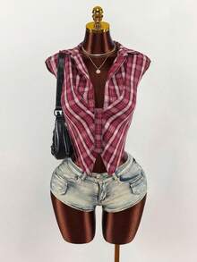 Mistrie 女士格子不对称下摆时尚百搭派对短袖衬衫 - 彩色 - 查看 1