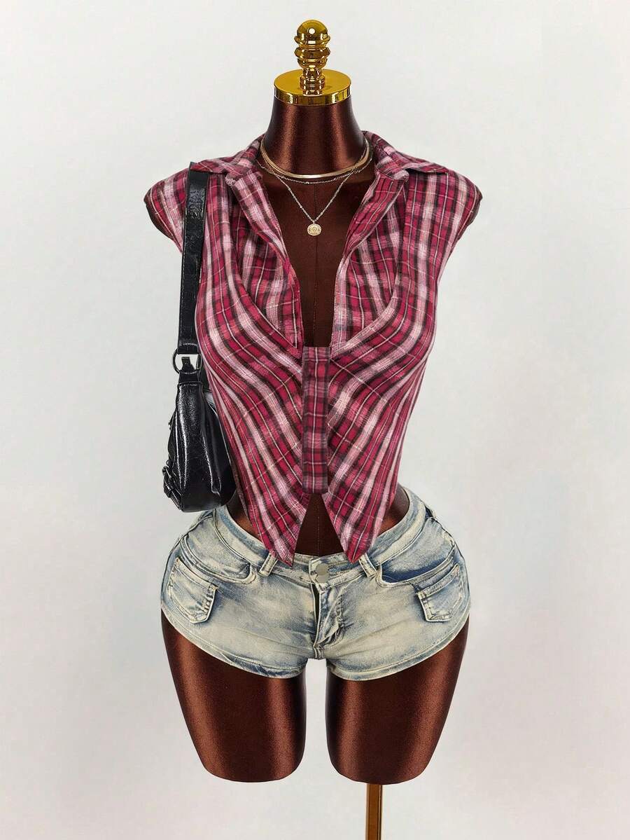 Mistrie 女士格子不对称下摆时尚百搭派对短袖衬衫 - 彩色 - 查看 1