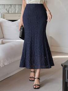 DAZY Women's Solid Color Lace Fitted Elegant Mermaid Skirt - Navy Blue - View 7