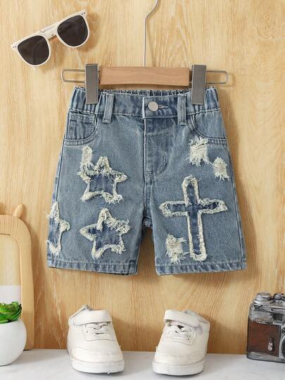 SHEIN Young Boys' Retro Vintage Blue Elastic Waist Casual Street Fashion Personalized Patchwork Washed Denim Shorts