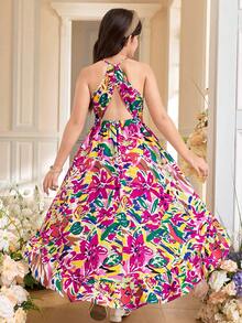 SHEIN Tween Girl Floral Print Backless Casual Vacation Dress - Multicolor - View 4
