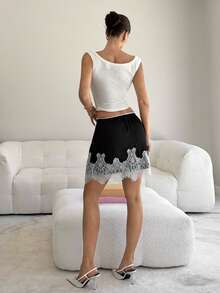 Siren Gaze Women's Elegant Lace Patchwork Skirt - Black and White - View 3