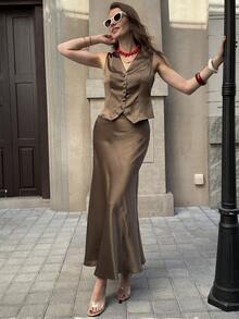Solivie 女士优雅缎面背心半裙套装，适合春夏通勤、外出、聚会、度假等场合 - 咖啡棕 - 查看 1