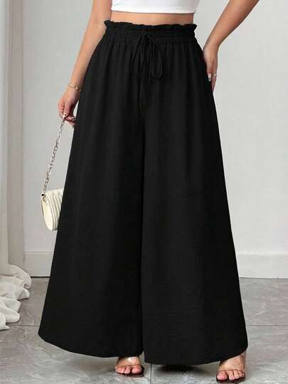 Plus Size Women's Solid Color Ruffle Waist Tie Loose Wide Leg Casual Pants
