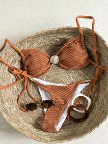 Swim Chiccia Women's 2-Piece Mesh Textured Bikini Set,Metal Shell Decor Adjustable Strap Bandeau Swimwear,Orange Bathing Suit,Brown,Summer,Boho,Beach,Rave,Holiday - Brown - View 3