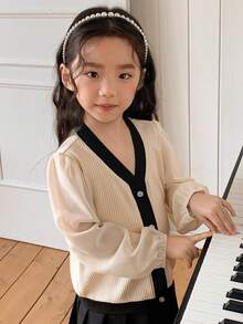 DAZY Young Girl Contrast Color V-Neck Lantern Sleeve Single-Breasted Casual Shirt - Apricot - View 3
