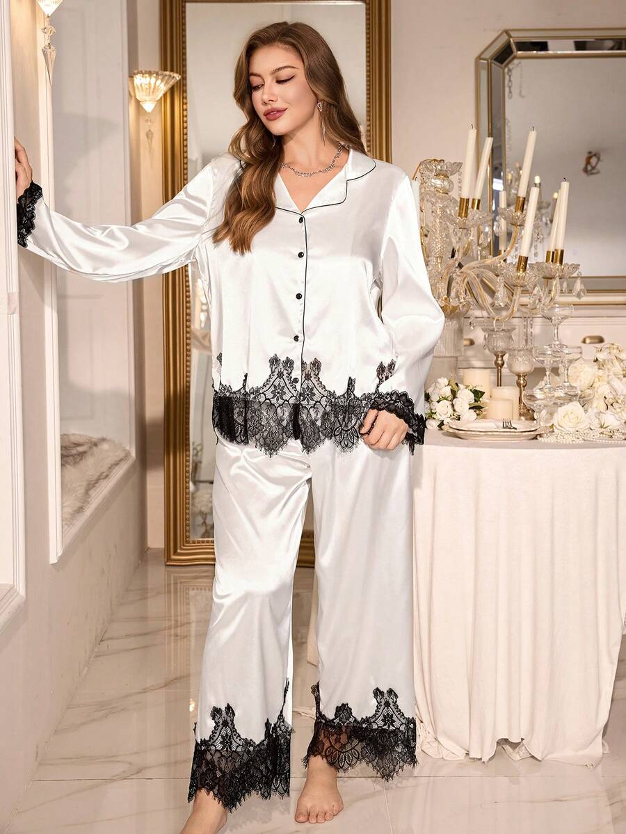 SHEIN 两件套加大码女士睡衣套装，优雅缎面长袖上衣和长裤，撞色蕾丝边饰，四季皆宜 - 白色 - 查看 1