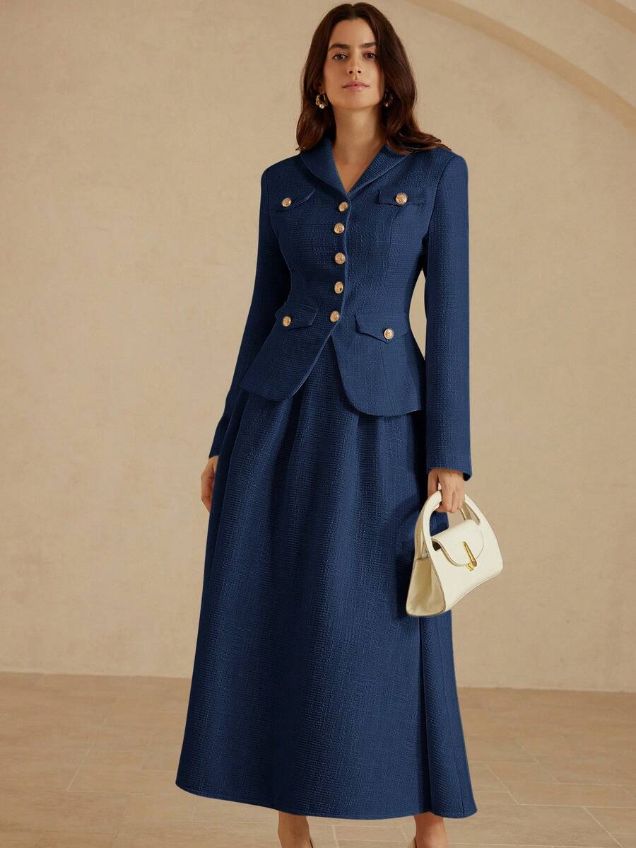 Aveloria Rosie Tweed Fabric Elegant Chic Design Slim Fit Women Jacket With Button Pockets, Tweed Flared Minimalist Style Women Skirt, 2 Pieces Set - Navy Blue - View 1