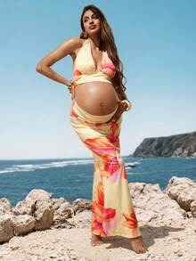 MaterniChic Maternity Casual Printed Halter Neck Tank Top & Skirt 2 Pieces Set, Summer - Yellow - View 8