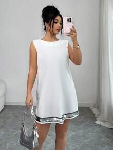 SHEIN Raffinéa Women's Sleeveless V-Neck Sequin Embellished Elegant Minimalist Short Dress White Mini Dress White Sequin Dress Sleeveless White Dress Women Mini Dresses White Club Dress - White - View 4