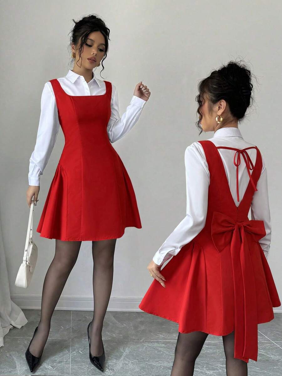 SHEIN PETITE Women's New Square Neck Spaghetti Strap Waist Ruffle Hem Fitted Short Dress - Red - View 1