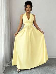 Rafferiza 优雅无袖V领露腰设计褶皱连衣裙，紫色，春夏新品，女士优雅长裙 - 黃色 - 查看 5