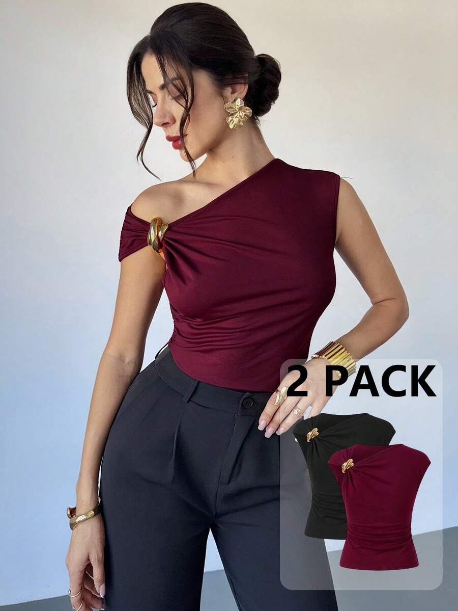 Firerie Bộ 2 áo thun nữ kiểu dáng thanh lịch, trang trí kim loại, vai lệch, thích hợp cho đi chơi, dự tiệc và các dịp khác / Trang phục mùa thu cho nữ / Trang phục năm mới / Áo dự tiệc / Áo nữ thanh lịch / Áo màu đỏ rượu vang - Nhiều màu - Xem 1