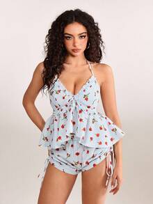 plantica Y2K Stylish Women Casual Sexy Striped Floral Print Long Sleeve Shorts Pajama Set, Suitable For Vacation, Date, Home, Valentine's Day, Spring/Summer, Wedding Guest, Music Festival, Musician, Night Club - Multicolor - View 5